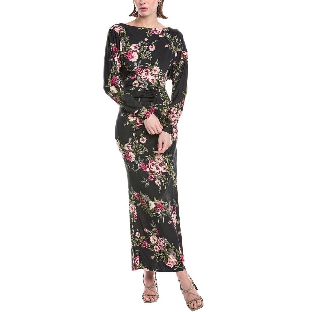 Rachel Rachel Roy Floral‎ Ruched Maxi Dress Black Pink Long Sleeve Large NEW